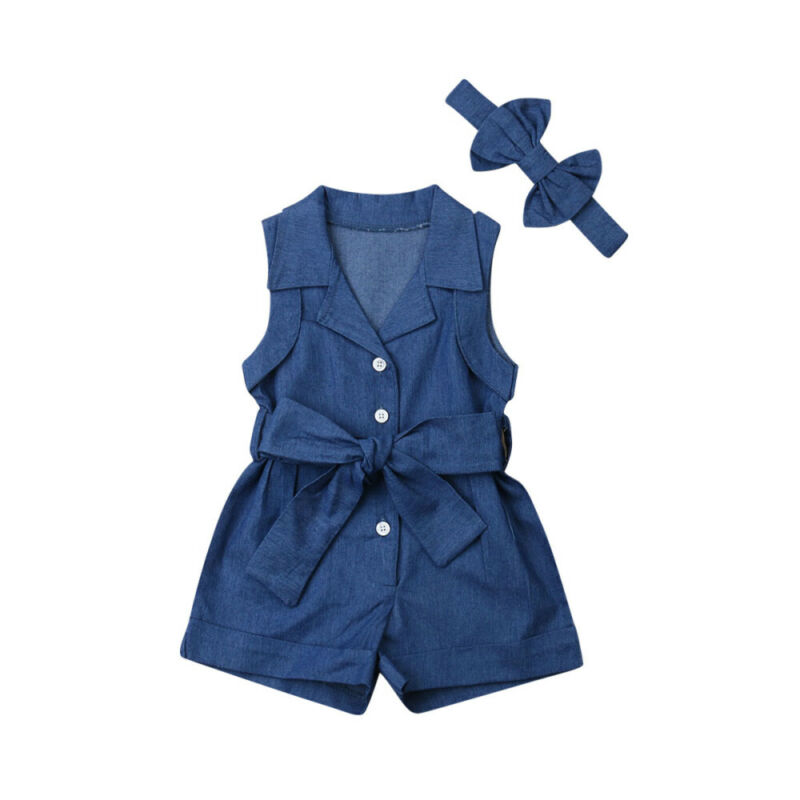 Baby girl denim romper set with bow headband