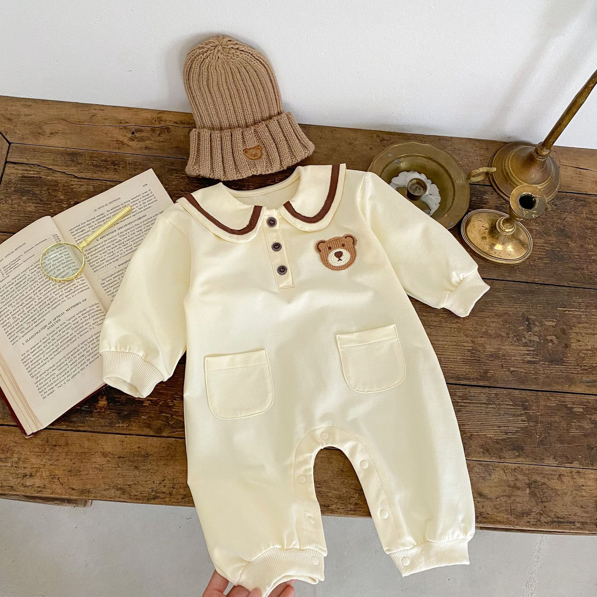 Luxury Cotton Baby Bear Romper with Collar | Kazarenok Kids